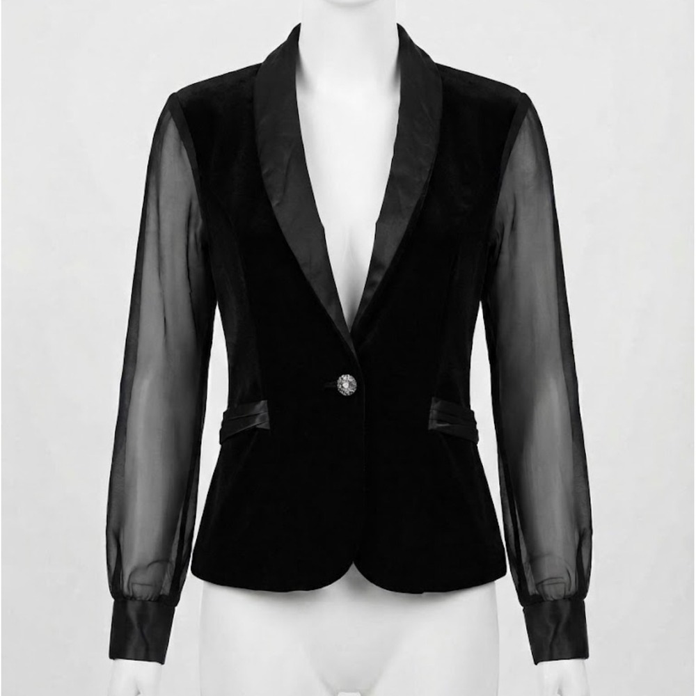 90s Black Velvet Blazer M Sheer Sleeve Rhinestone Button Cinch Waist Satin Trim